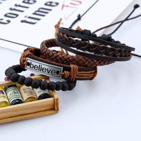 4pcs Men's Multilayer Leather Bracelet (Believe)  - ADJUSTABLE SIZE - Picture 3 of 5
